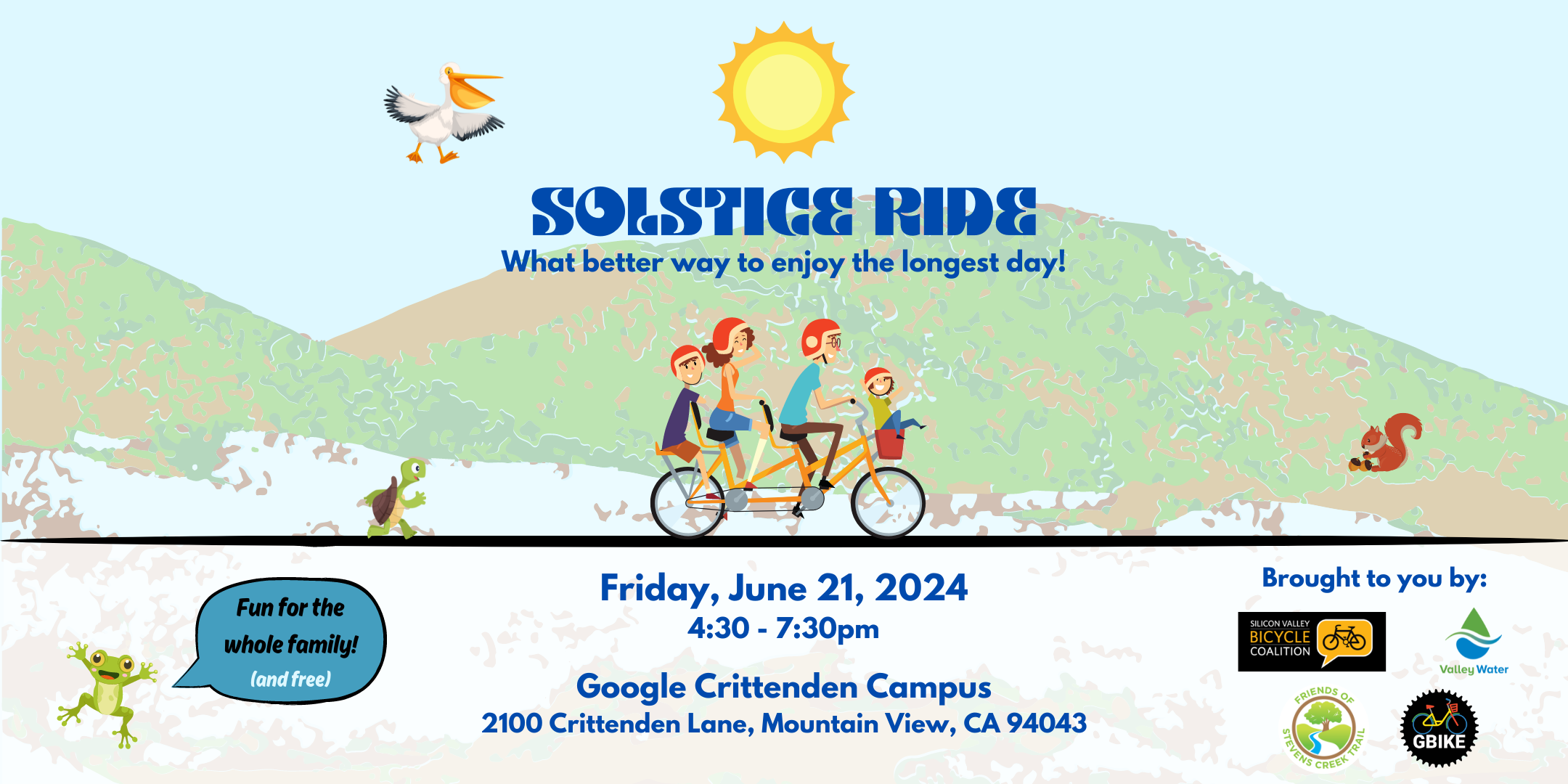 Banner advertising Solstice bike ride at Shoreline Park 21 June 2024