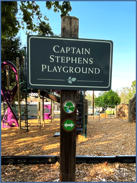 New trail medallion on the sign at Captain Stephens Playground