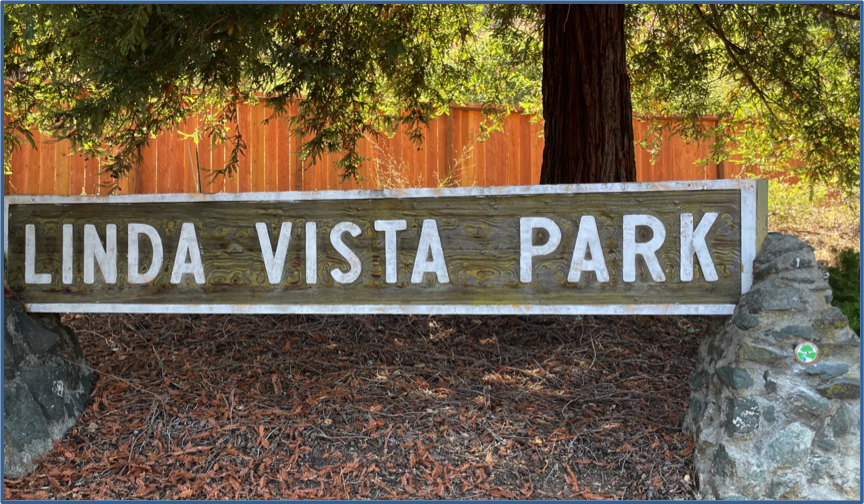 New trail medallion on the stone post at the Linda Vista Park entrance